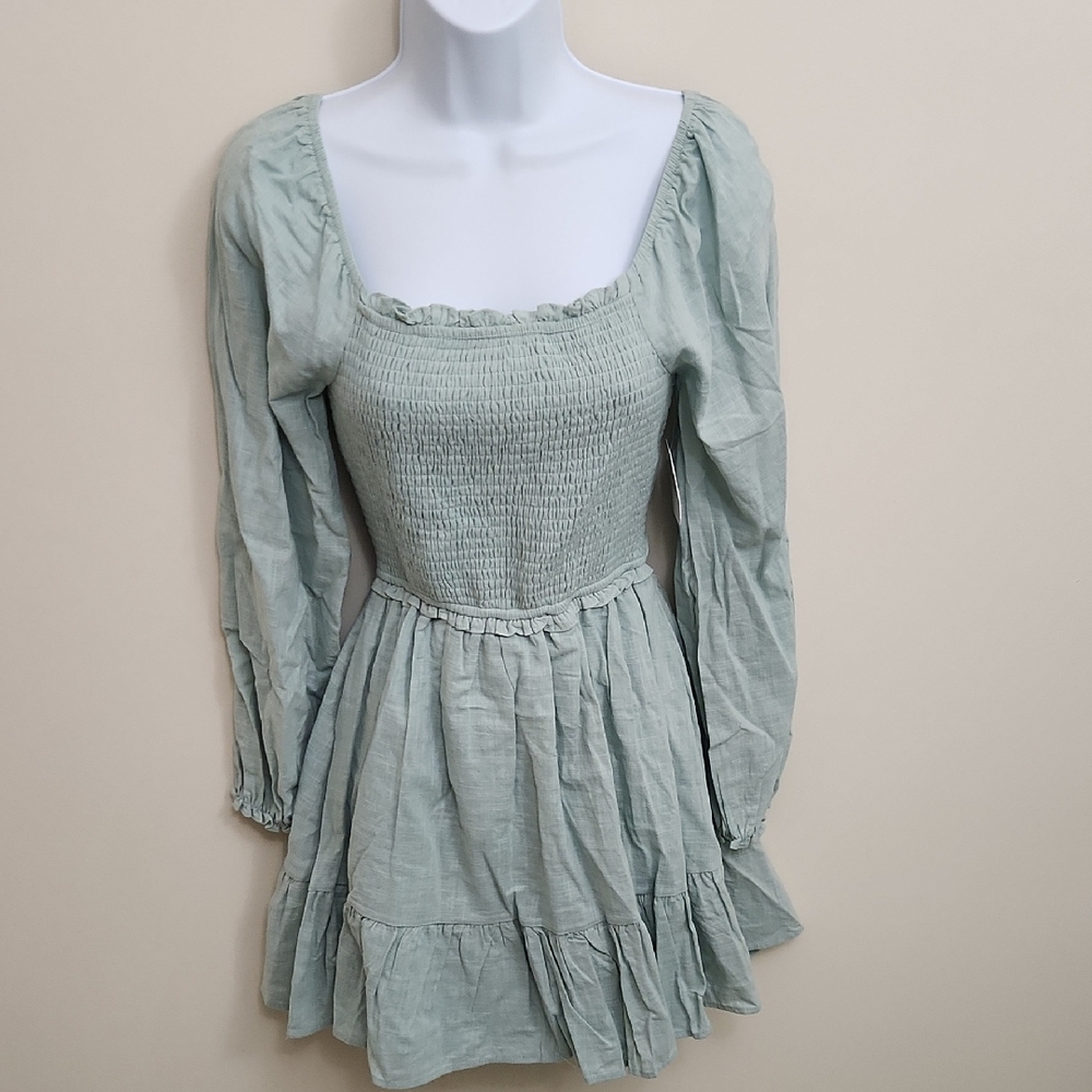 Altar'd State Green Fit and Flare Dress with Bishop Sleeves